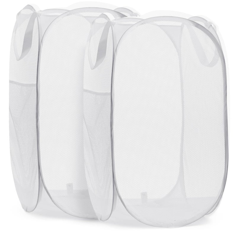 Handy Laundry Collapsible Mesh Pop Up Hamper with Wide Opening and Side Pocket - Breathable, Sturdy, Foldable, and Space-Saving Design for Clothes and Storage (White | 2-Pack) - Image 1